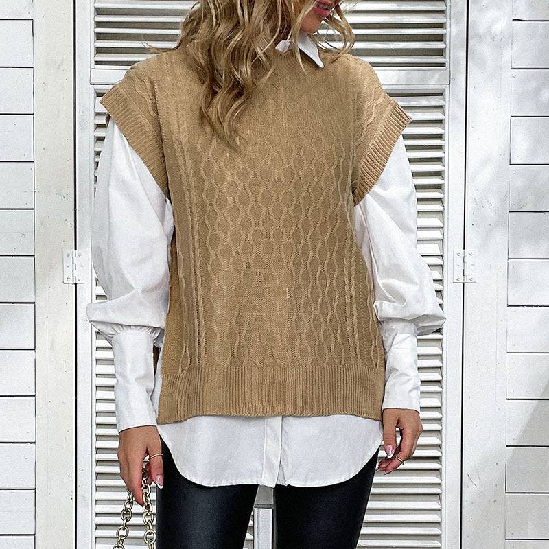 Solid Color Twist Knitted Vest for Autumn Women  S Khaki 