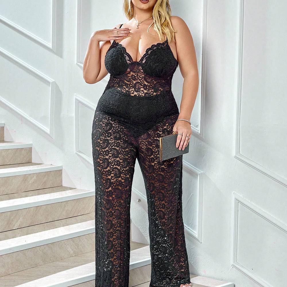 Plus Size Spring Summer Women Clothes Jumpsuit Lace Hollow Out Cutout Deep V Plunge Casual Sling Straight Jumpsuit - Wild Amber Fashion