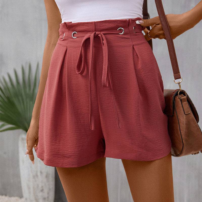 Women's High Rise Belted Polyester Shorts with Solid Color Pattern  S Rosewood Color 