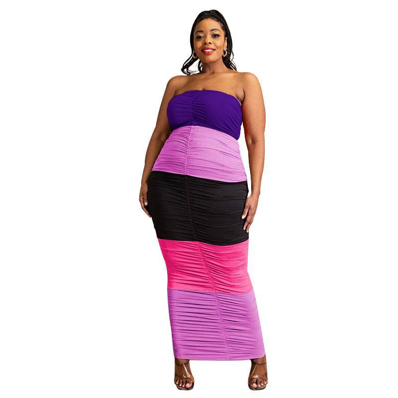 Sexy Color-Block Pleated off-Shoulder Tube Top Dress for Plus Size Women  XL Purple 