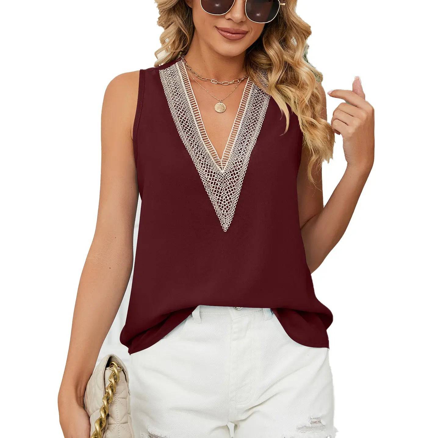 Sleeveless V-Neck Chiffon Tank Top with a Relaxed Fit  S Burgundy 