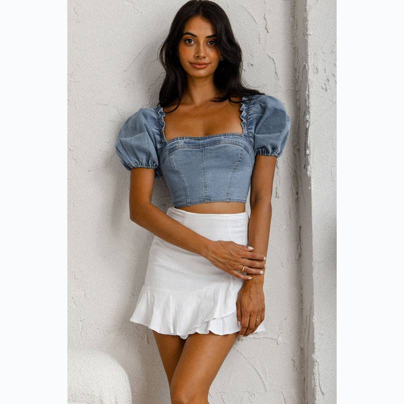 Sassy Summer Denim Shirt with Puff Sleeves for Women  S Blue 