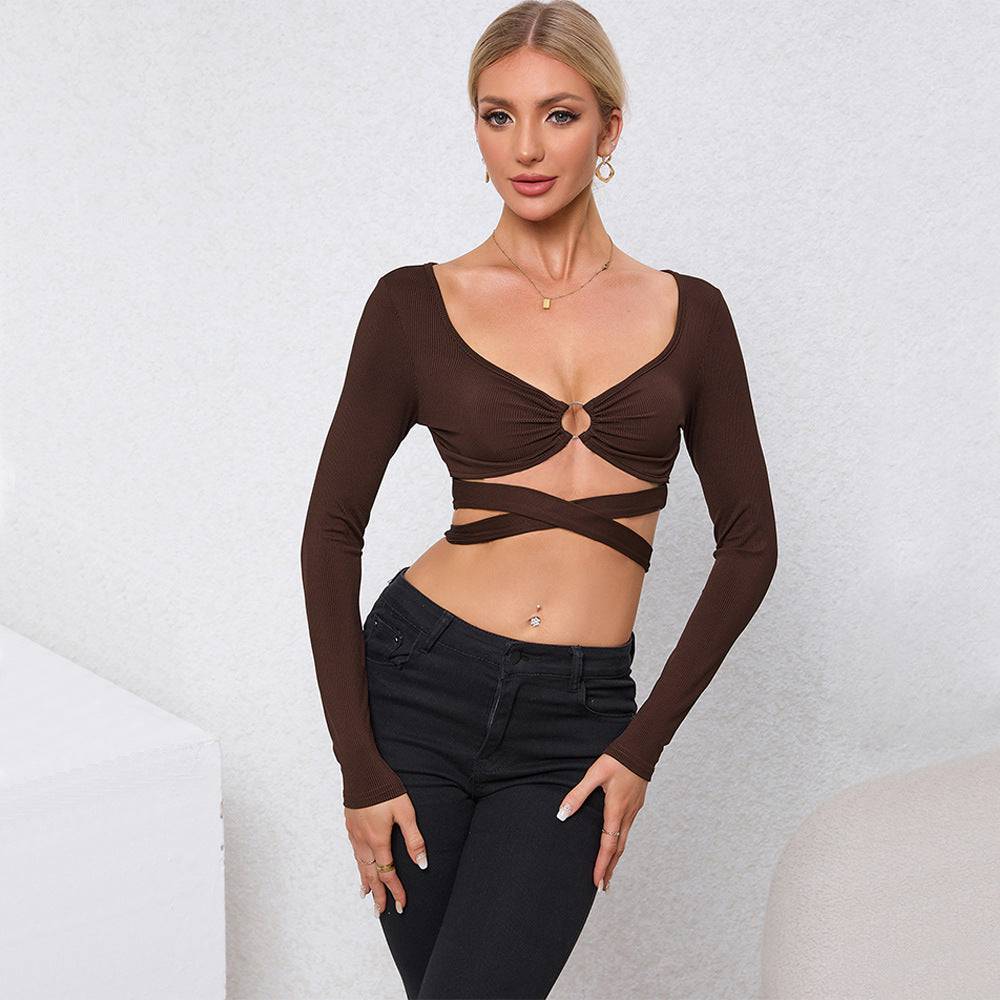 Seductive Slim-Fit Cutout Long Sleeve Crop Top for Women  S Brown 