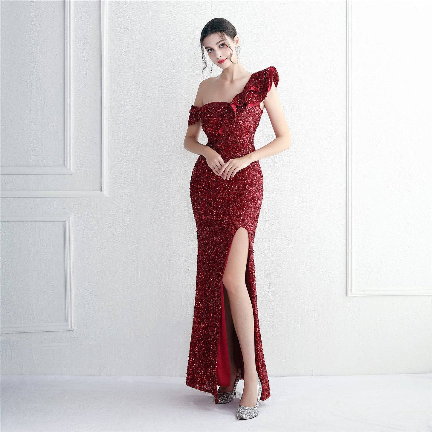 Imitation Handmade Sequin Craft Appreciation Dinner Slim Fit Fishtail Wedding Car Model Exhibition Ladies Cocktail  S Deep Red 