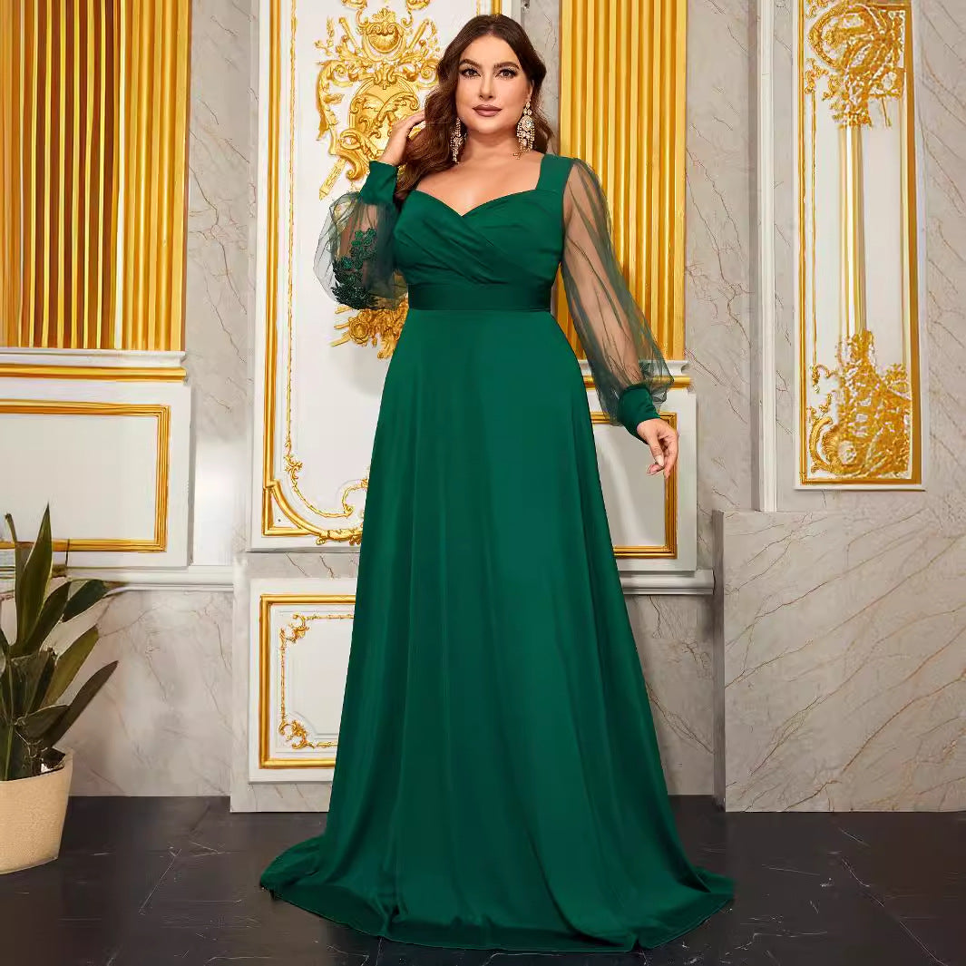 Plus Size Prom Evening Dress Diamond Collar Embroidered Mesh Long Sleeve Backless Fall Women Clothing Dress - Wild Amber Fashion