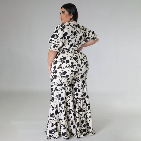 Plus Size Women Strap Printing Two Piece Suit Wide Leg Pants Summer - Wild Amber Fashion