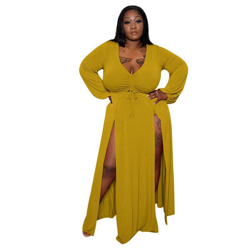 Flattering Plus Size Deep V-Neck Long Sleeve Dress for Spring and Summer  XL Yellow 