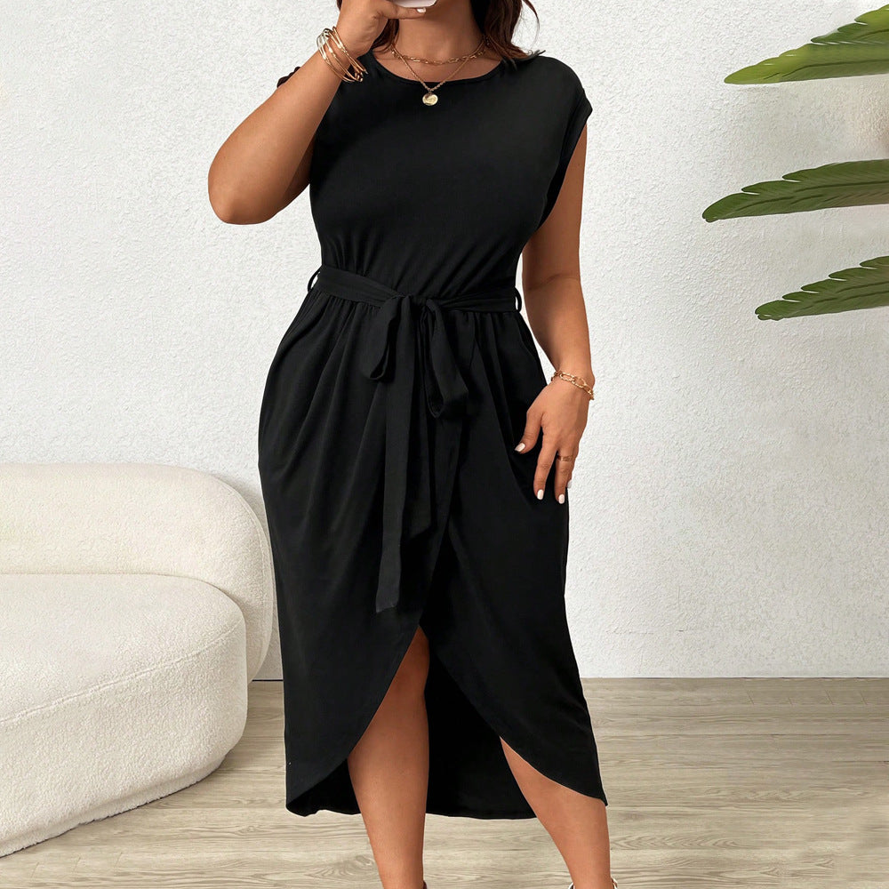 Plus Size Women Round Neck Short Sleeve Dress Summer Elegant High Grade Mid Dress Women - Wild Amber Fashion