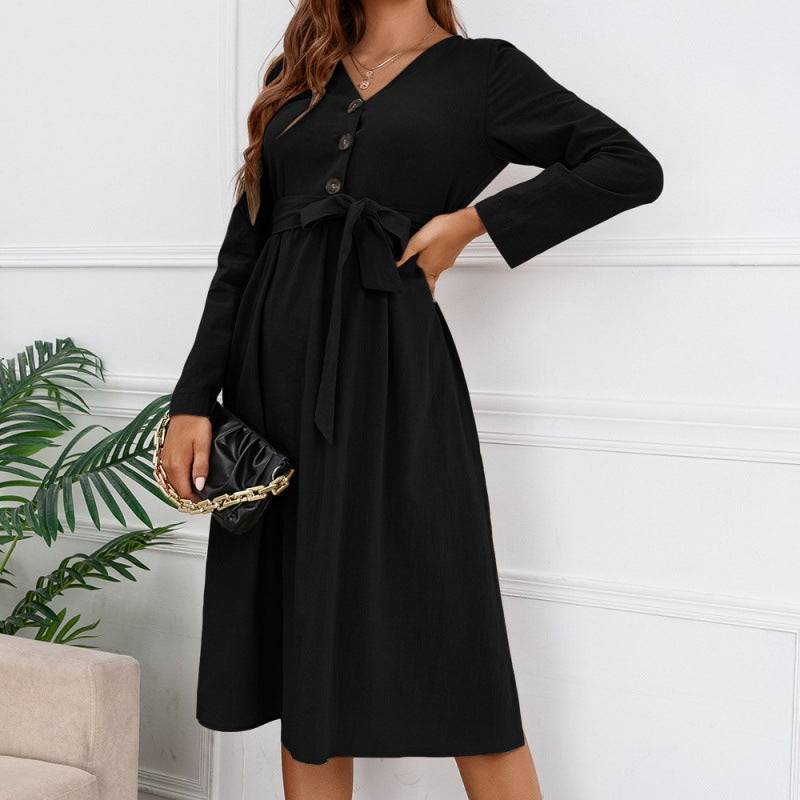 Elegant V-Neck A-Line Dress with Bow Bandage Waist  S Black 