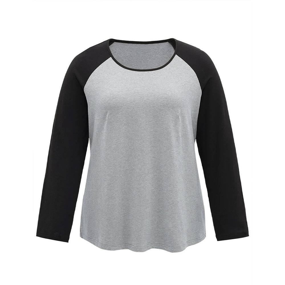 Fashionable Color Block Patchwork Plus Size Autumn T-shirt for Women  1XL Gray 