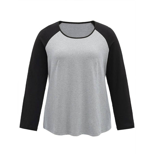 Fashionable Color Block Patchwork Plus Size Autumn T-shirt for Women  1XL Gray 