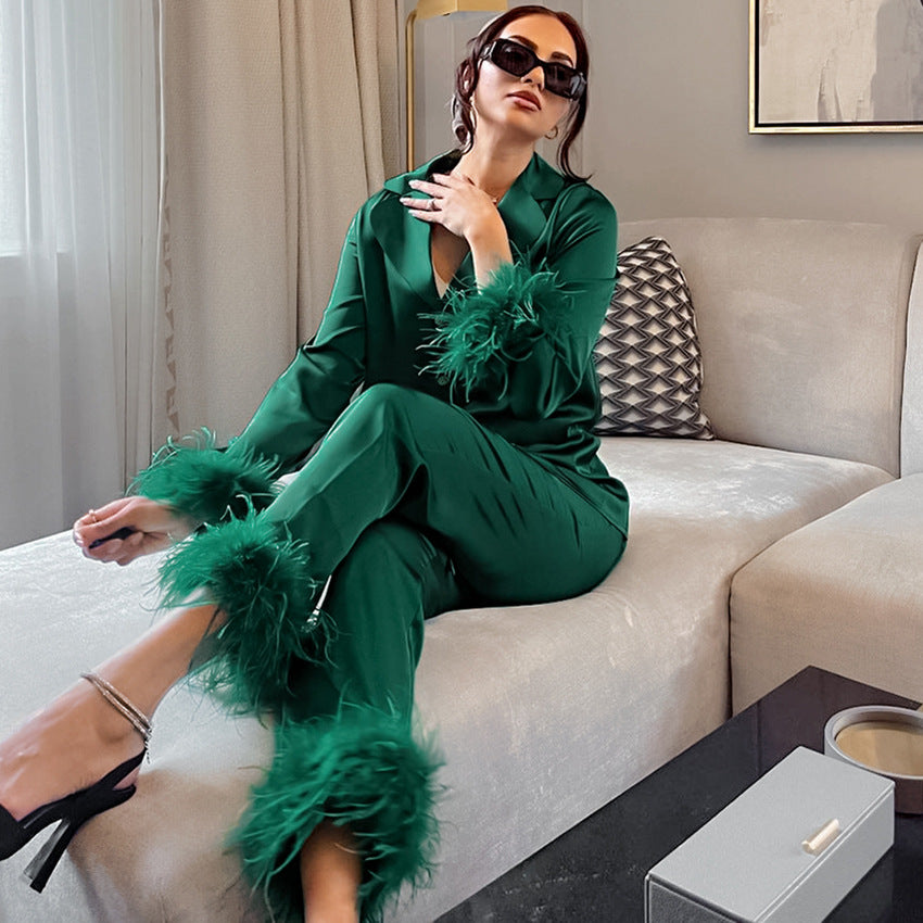 Extravagant Autumn Winter Ostrich Feather Pajama Set for Women  S Dark Green 