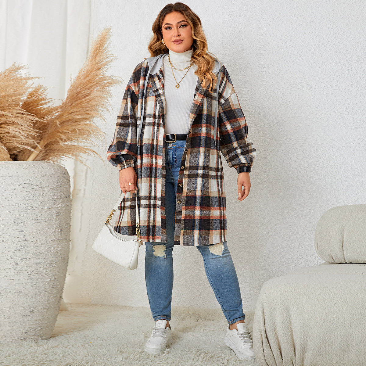 Plus Size Autumn Winter Women Girls Plaid Hooded Mid Length Coat for Women - Wild Amber Fashion