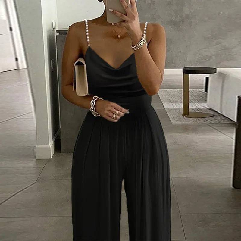 Pearl Chain Backless Wide Leg Jumpsuit  S Black 