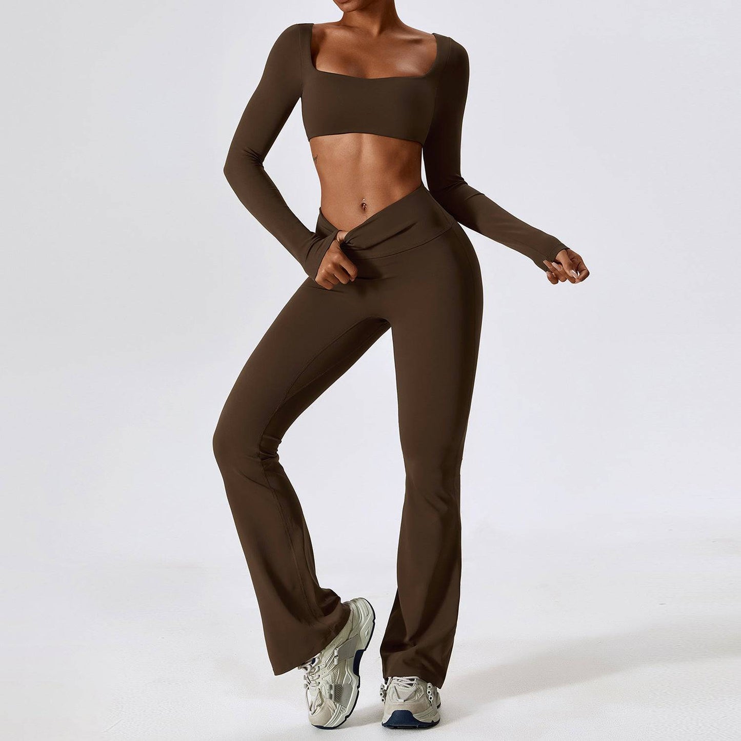 Shockproof Nude Feel Yoga Suit - Women's Quick Drying Fitness Set  S Long Sleeve Trousers Focus Tea Coffee Color 