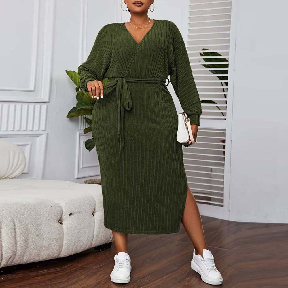 Plus Size Women Clothes V neck Lantern Sleeve Dress Autumn Winter Elegant A line Midi Dress - Wild Amber Fashion