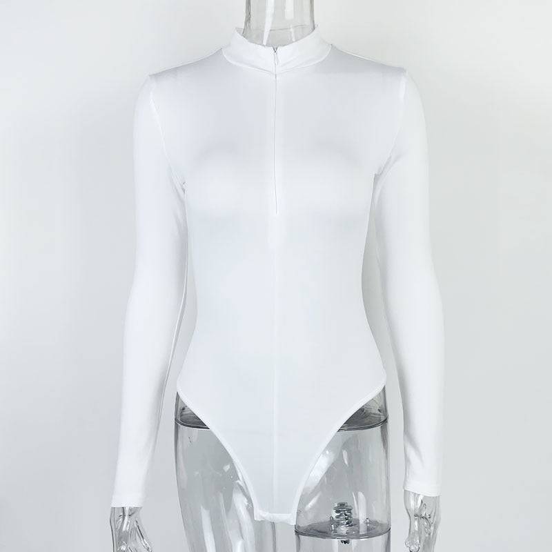 Zippered Long Sleeve Bodysuit for Women - Perfect for Autumn/Winter  S White 