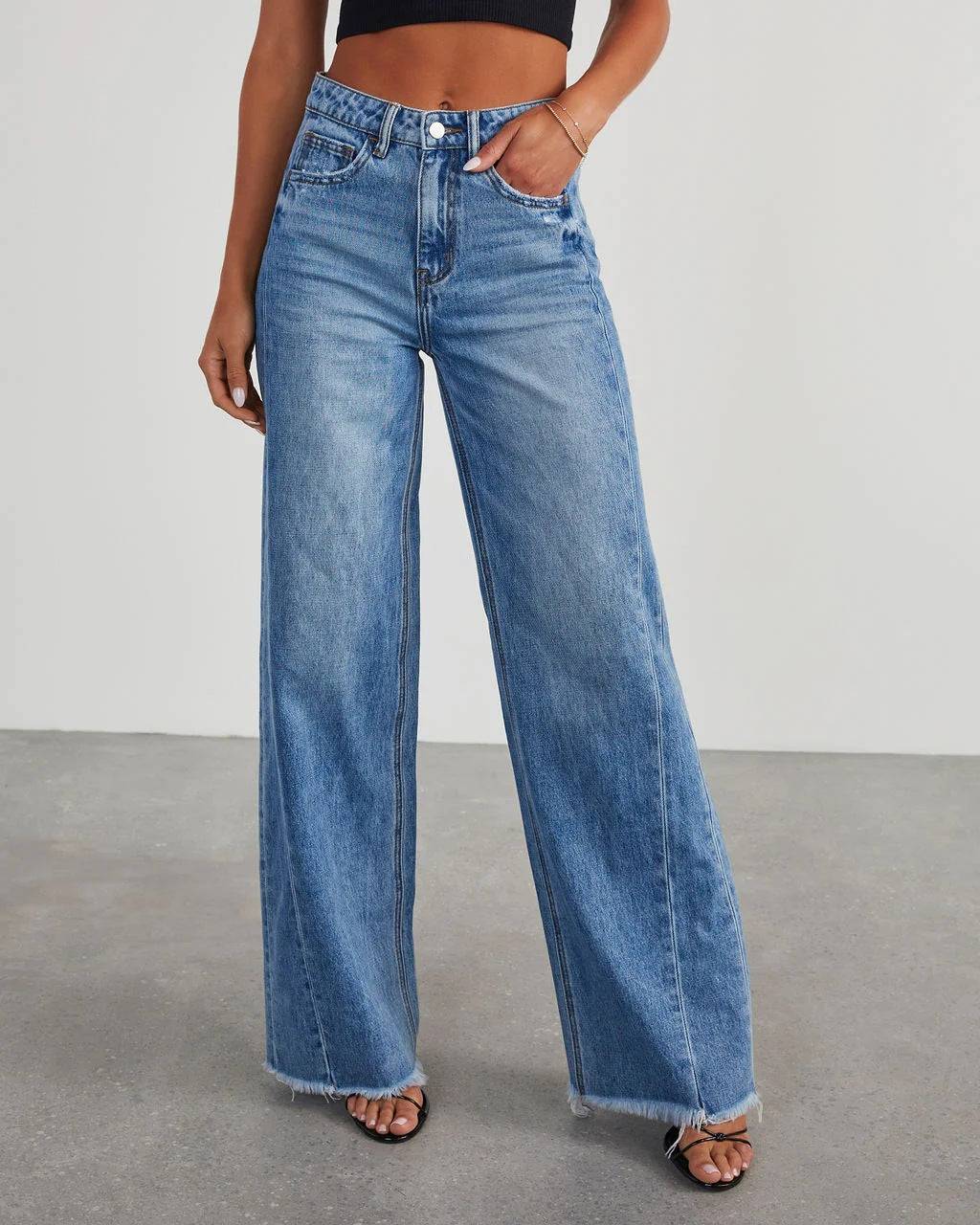 Loose Wide Leg Side Seam Stitching Frayed Hem Jeans Women  S Blue 