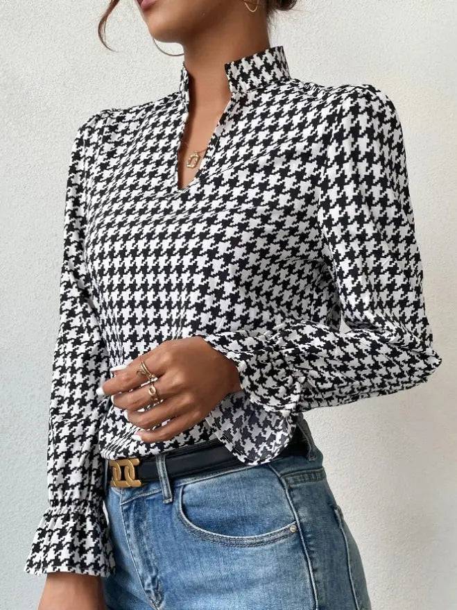 Spring/Summer Houndstooth V-Neck Long Sleeve Top for Women  S Black 