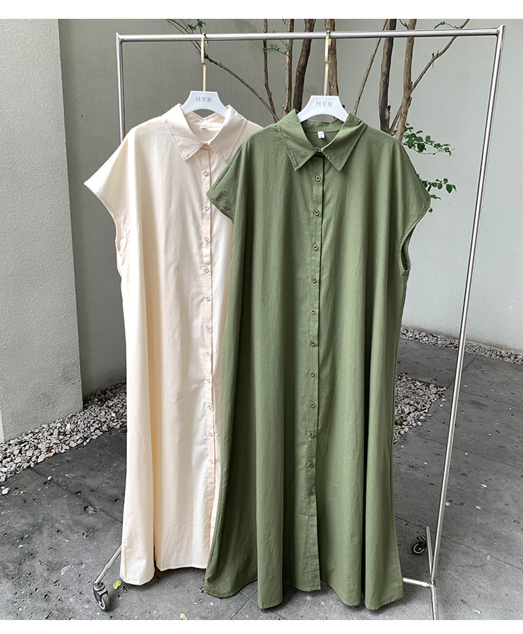 Summer Dress Women Pullover Short Sleeve Linen Solid Color Loose Lapels Casual Shirt Dress - Wild Amber Fashion