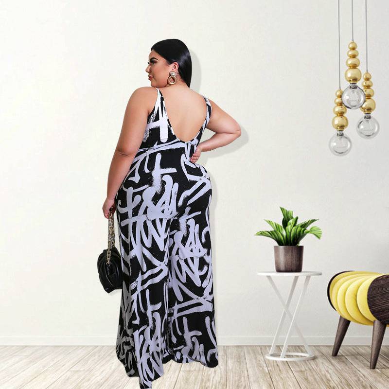 Plus Size Women Clothing Summer New Suspender Irregular Asymmetric Graffiti Jumpsuit New - Wild Amber Fashion