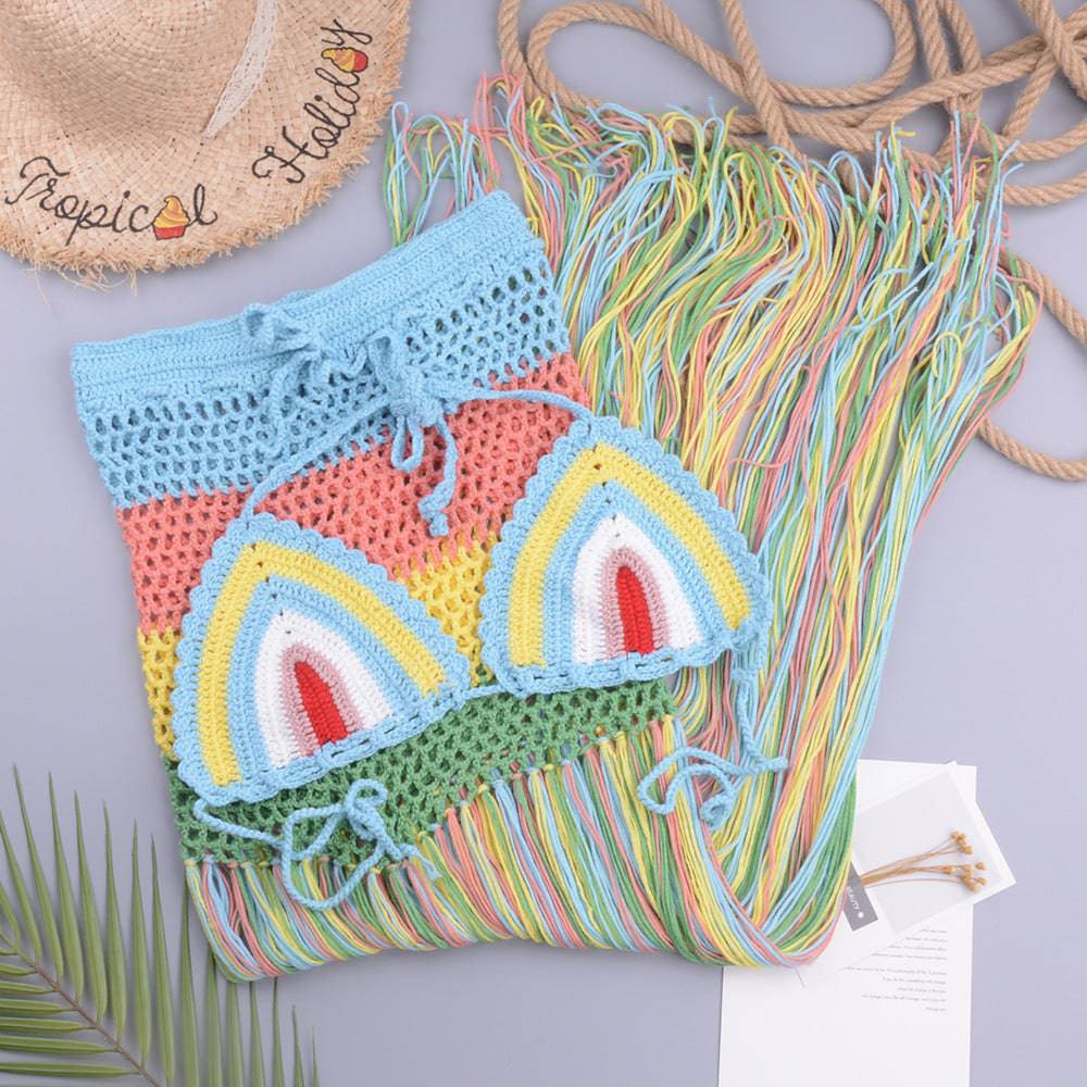 Internet Celebrity Hand Woven Beach Hollow Out Cutout out Strap Color Split Tassel A line Skirt Sexy Suit  One Size skyblue 