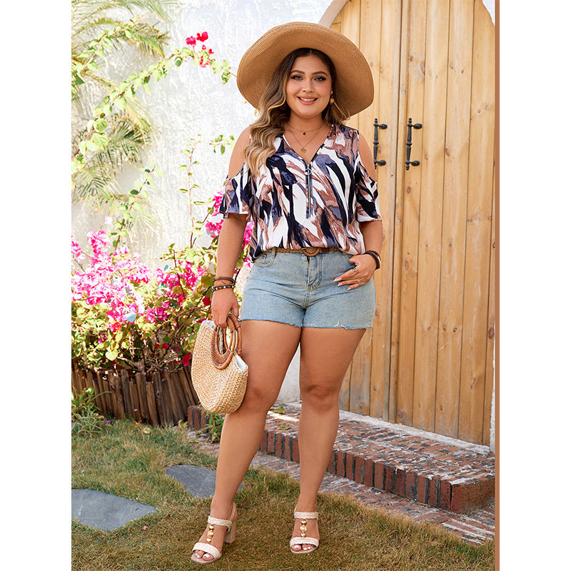 Plus Size Self Service R & D Real Shot V neck off Shoulder Casual Printed Shirt Slimming Shirt - Wild Amber Fashion