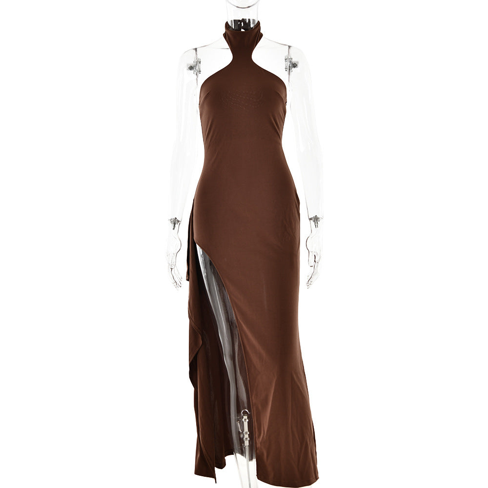 Spring Summer Halter round Neck Dress Women Sexy Tight Backless High Slit Dress - Wild Amber Fashion