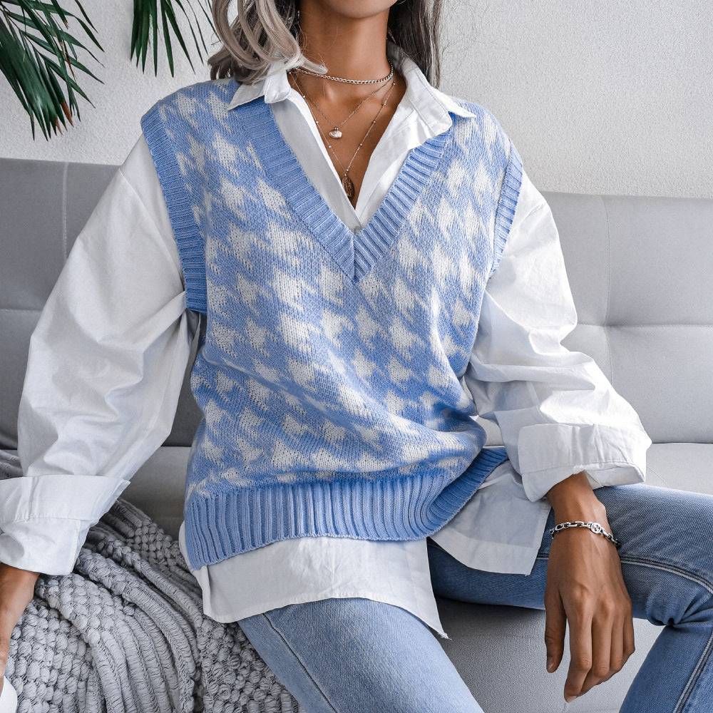 Houndstooth V-Neck Knitted Vest Sweater Waistcoat for Women  S Blue 