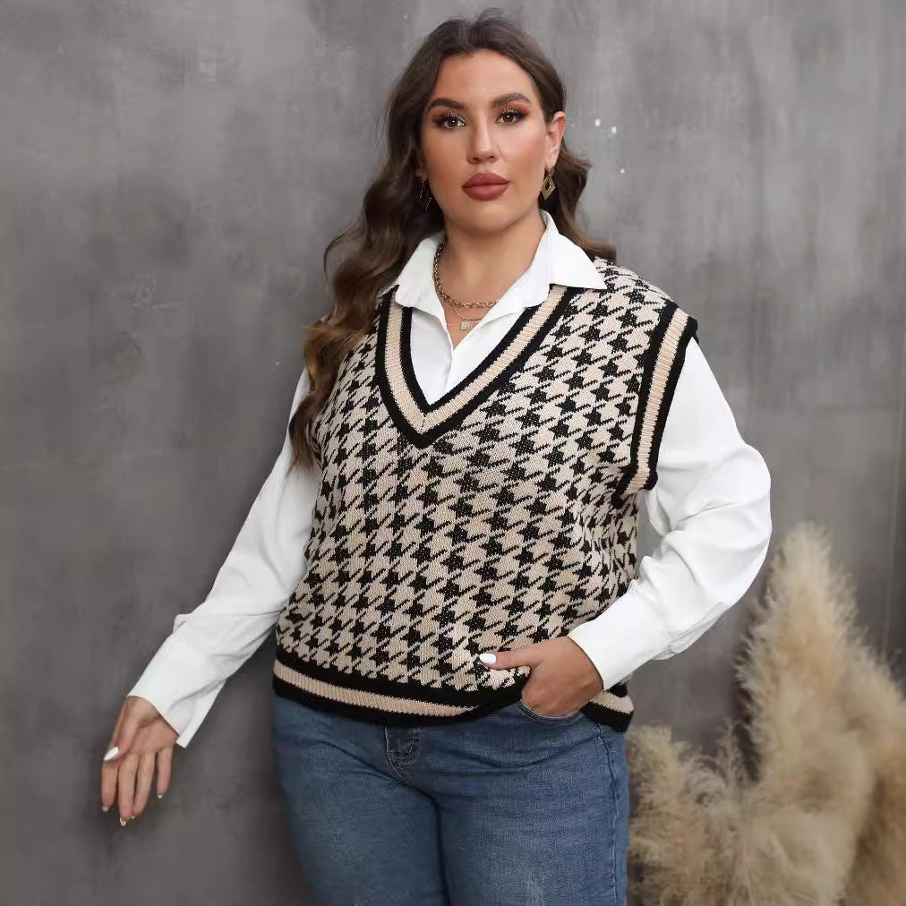 Plus Size Women Clothes Striped Color Contrast Patchwork Houndstooth Casual Vest Vest Top - Wild Amber Fashion