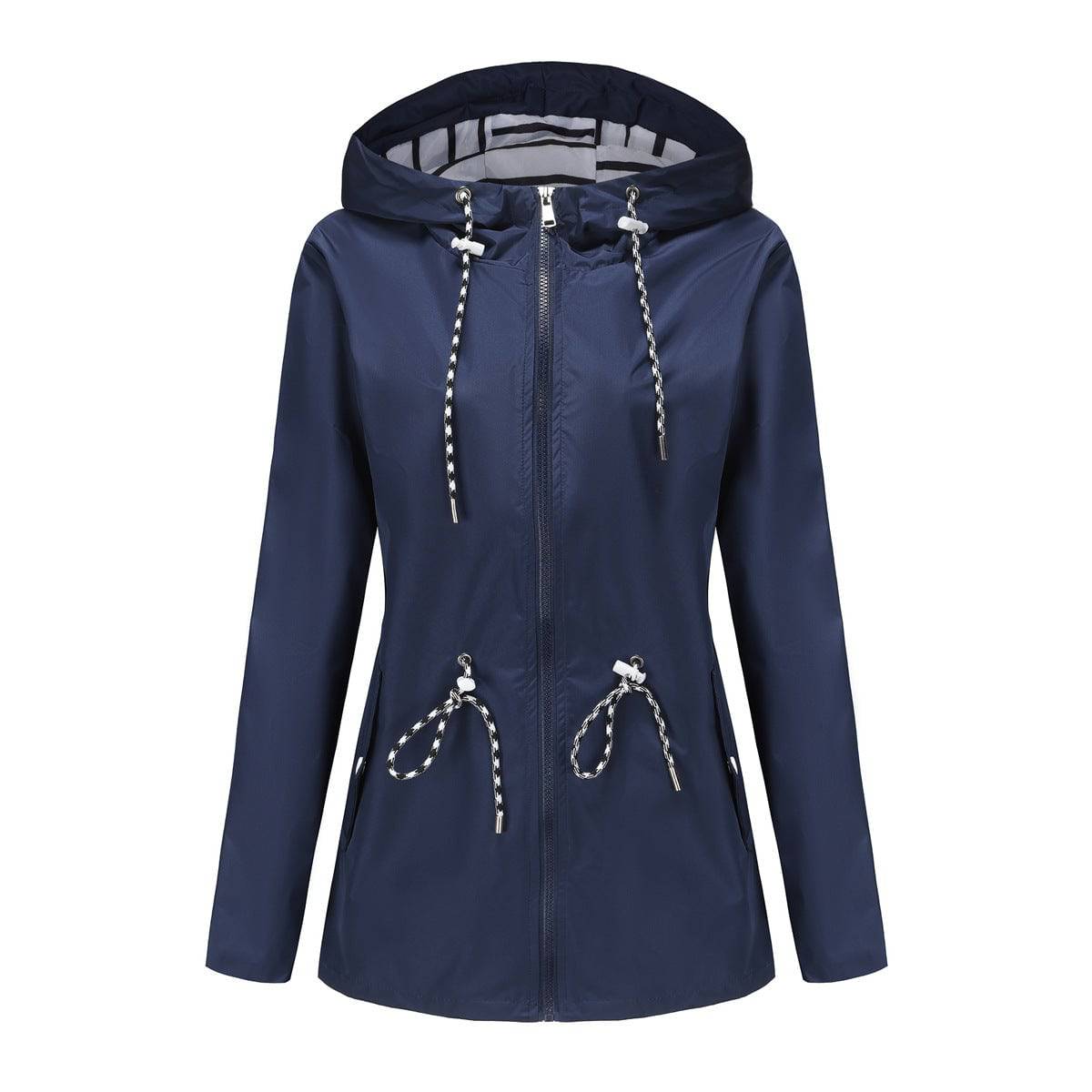 Long Sleeved Waterproof Mid Length Trench Coat Women Hooded Striped Raincoat Women Clothing  S Navy Blue 