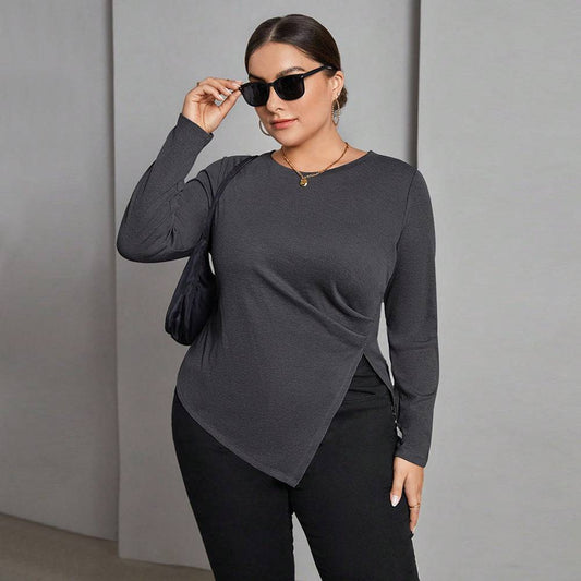 Stylish Plus Size Irregular Hem Long Sleeve T-shirt  1XL Gray 