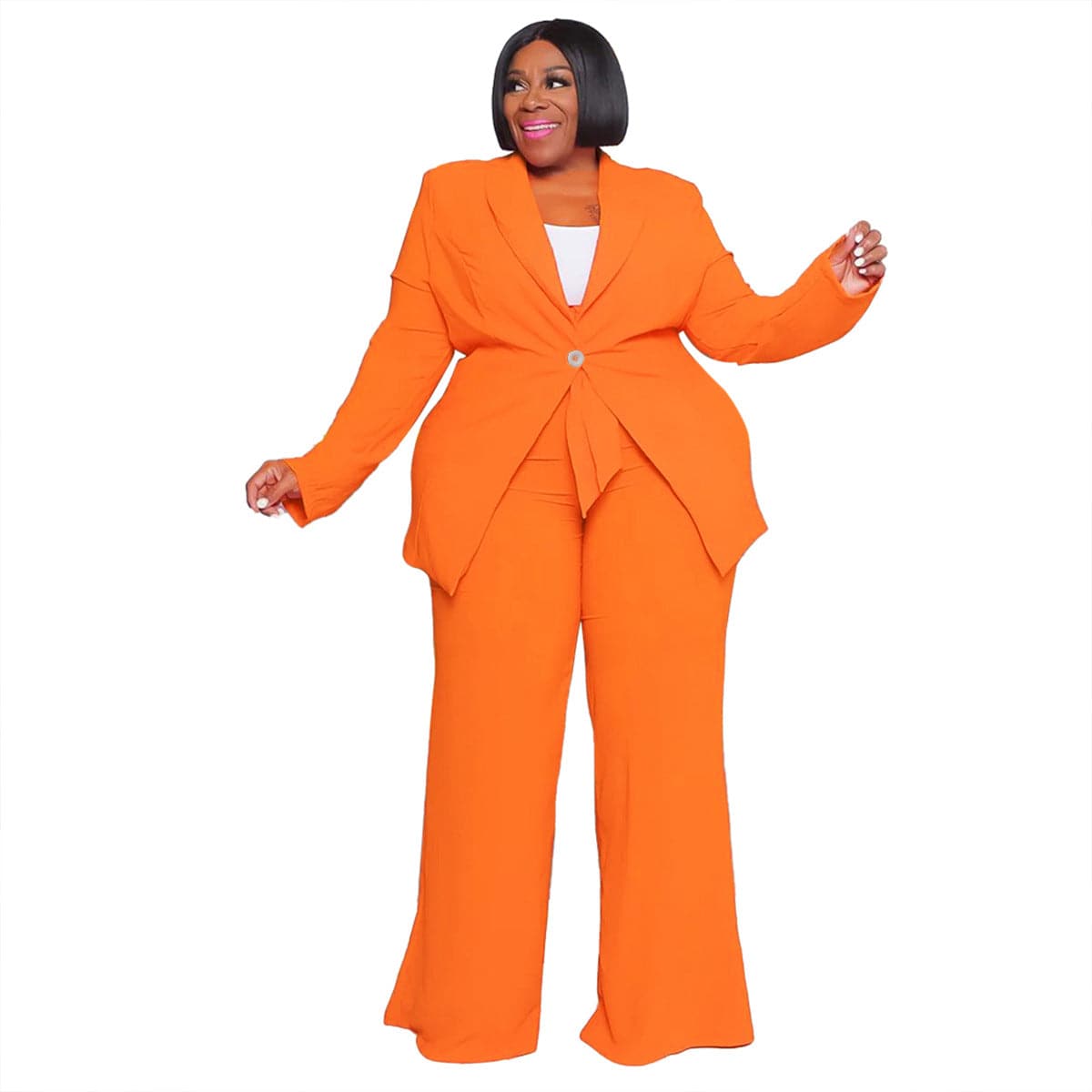 Professional Plus Size Women's Long Sleeve Pants Set with Lace-Up Detail  0XL Orange 