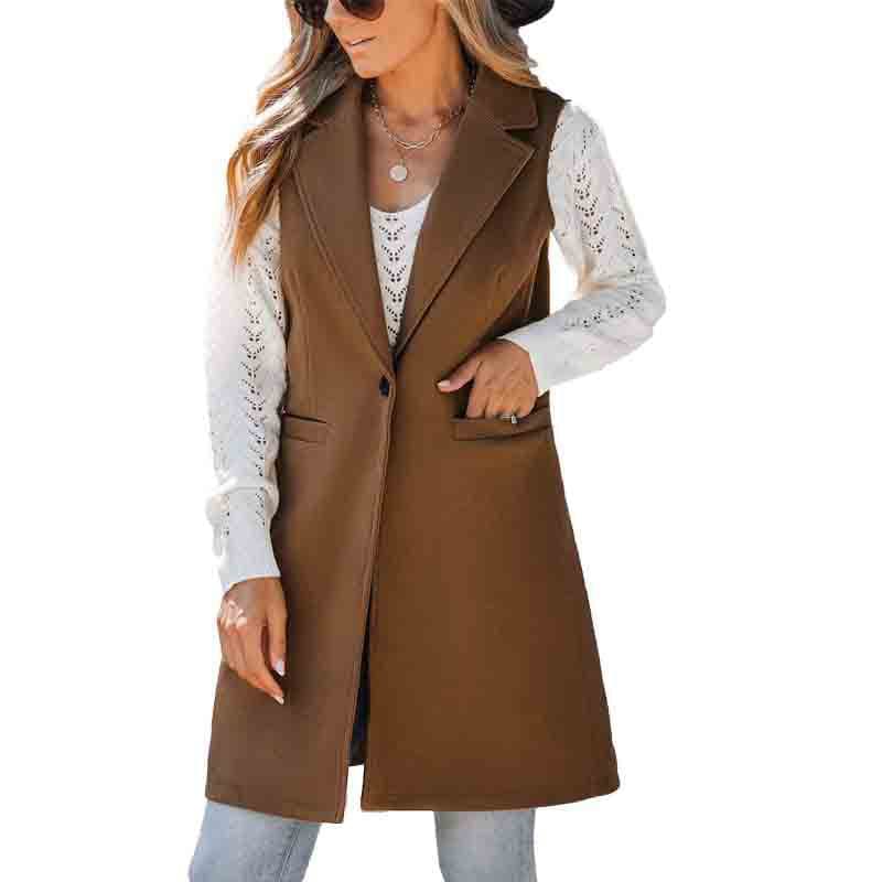 Sleeveless Long Woolen Coat for Women  S Dark Brown 