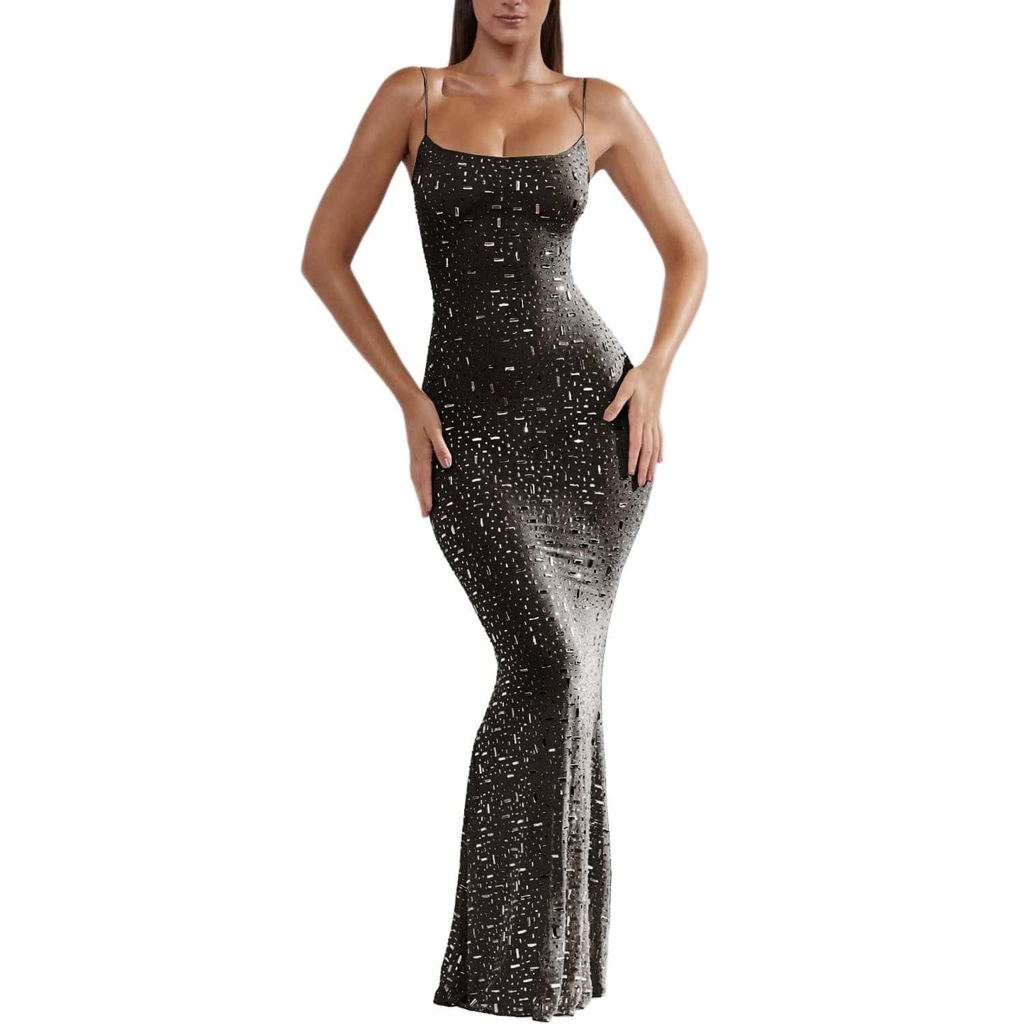 Light Diamond Sexy Sling Mermaid Dress with Rhinestone and Lace Detail  S Black 