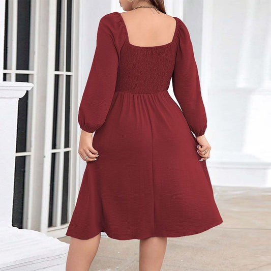 Plus Size Women Elegant Red Dress Autumn Winter V Neck Long Sleeve Mid Length Dress - Wild Amber Fashion