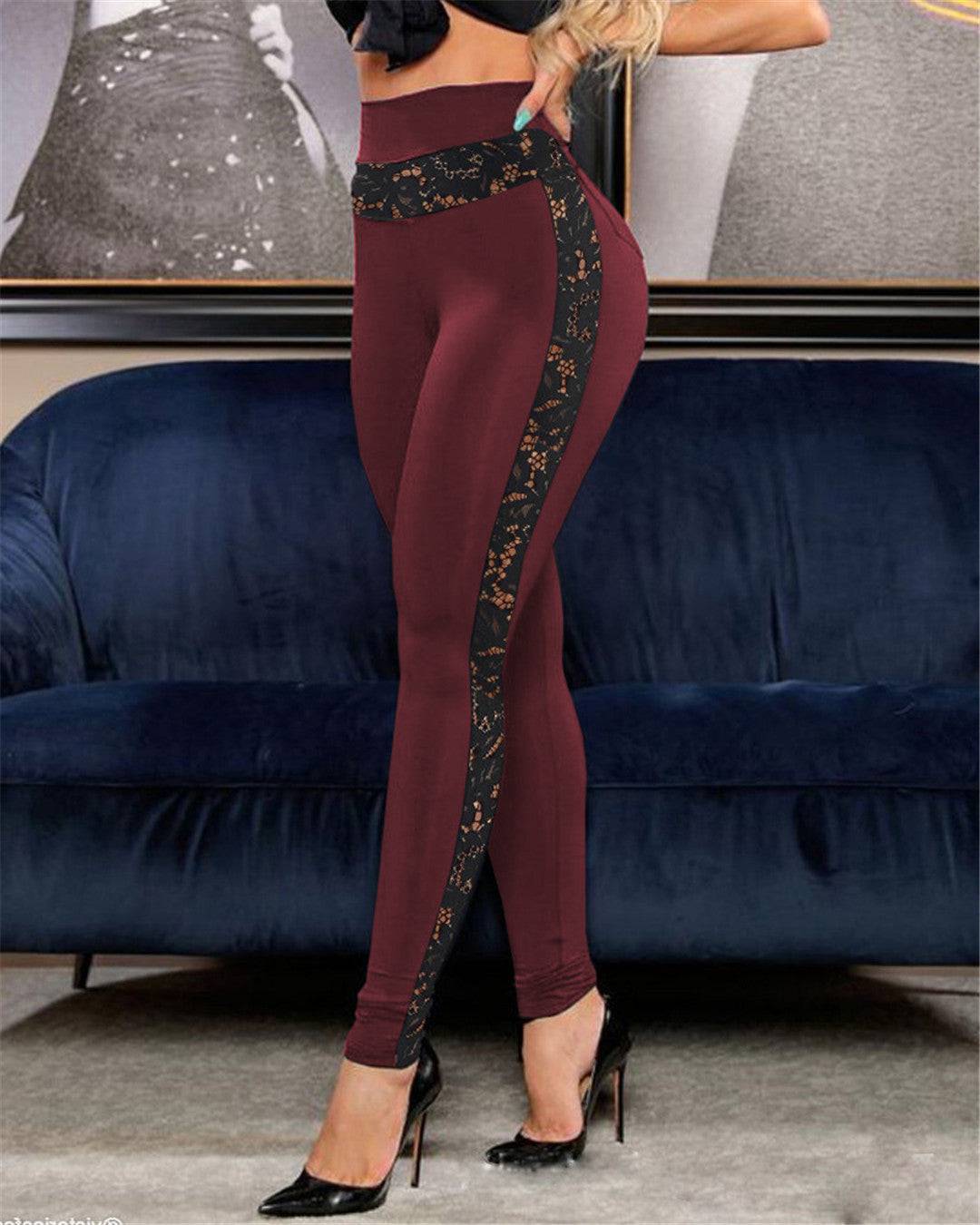 High-Waist Cotton Blends Skinny Yoga Leggings with Lace Trim  S Burgundy 