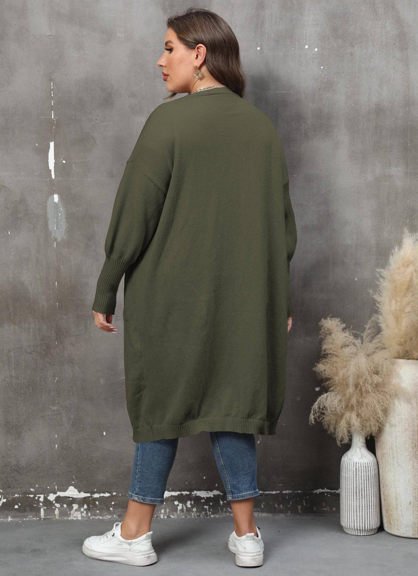 Women plus Size Women Clothes Mid Length Woven Sweater Love Double Pocket Lantern Sleeve Sweater Cardigan - Wild Amber Fashion