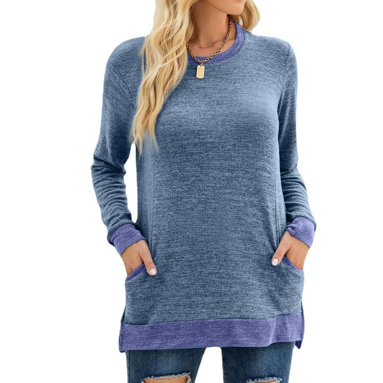 Multicolor Long Sleeve Pullover Top with Pocket  S Dream Blue 