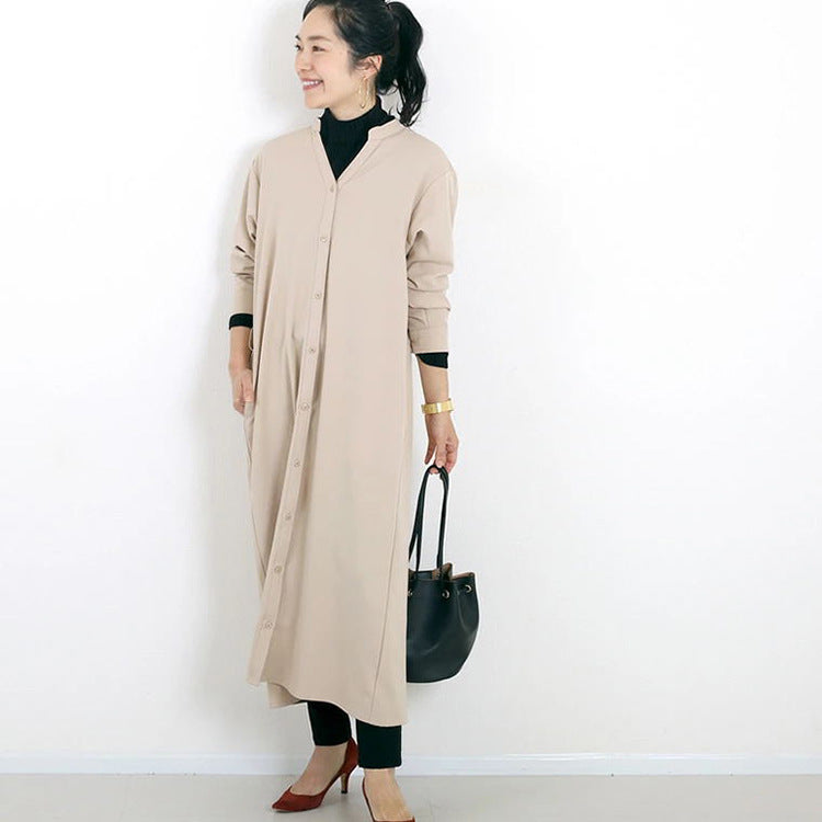 Autumn Winter Shirt Base Dress Women Solid Color Loose Casual V neck Maxi Dress - Wild Amber Fashion