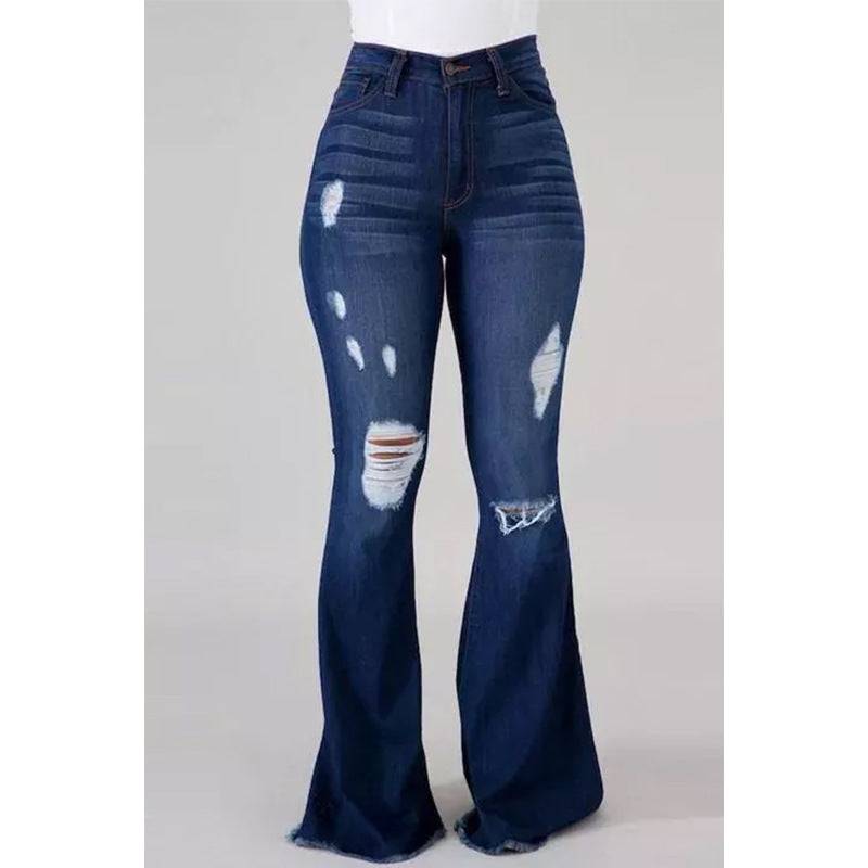 Internet High Elastic Ripped Jeans High Waist Flared Pants  XS Navy Blue 