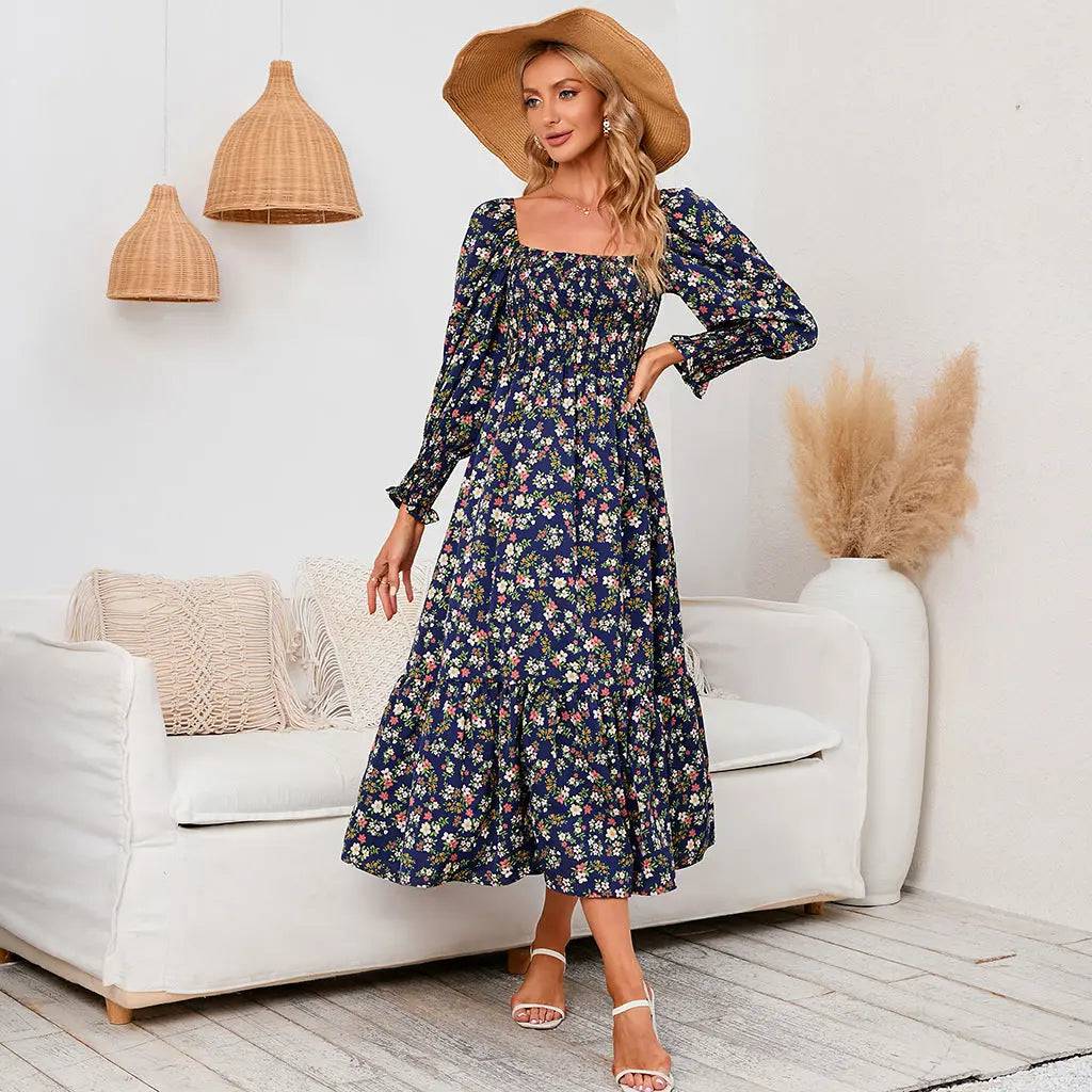 Elegant Spring Floral Chiffon Maxi Dress with Long Sleeves  S Navy Blue 