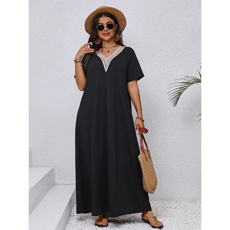 Plus Size Summer V neck Slimming Maxi Dress Elegant Black Loose Women Dress - Wild Amber Fashion