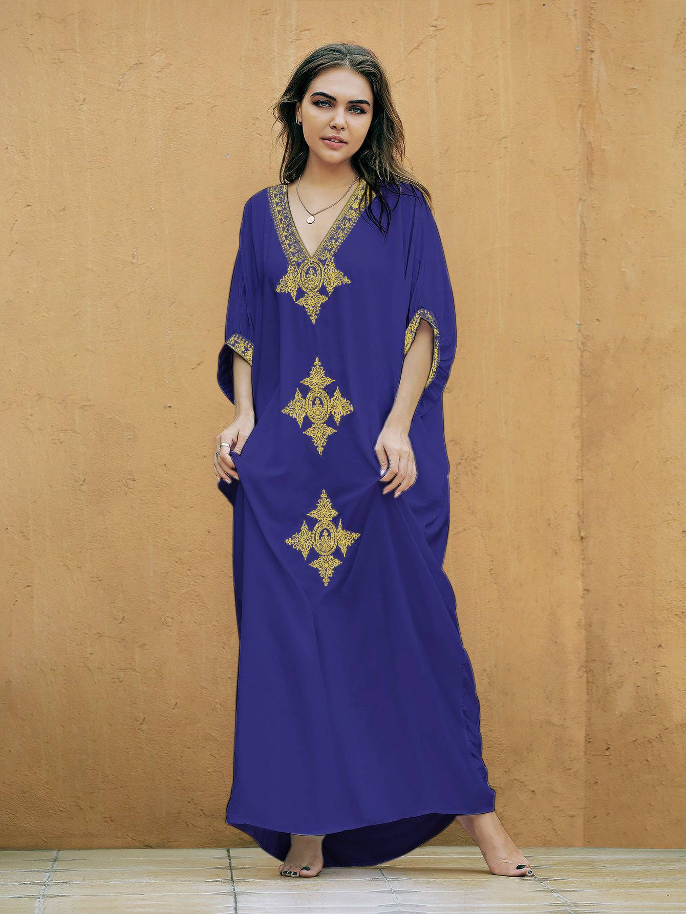 Glamorous Rayon Gold Thread Embroidery Beach Cover Up  One Size Blue 