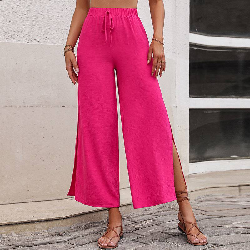 Lace-Up High-Rise Wide Leg Pants with Side Slit  S Pink 