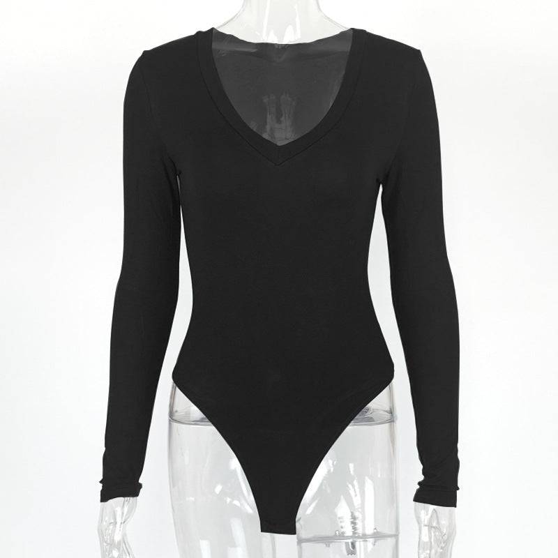 Flattering Long Sleeve V-Neck Bodysuit for Women  S Black 