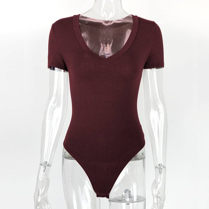 Short Sleeve V-Neck Cotton Summer Bodysuit for Women  S Burgundy 