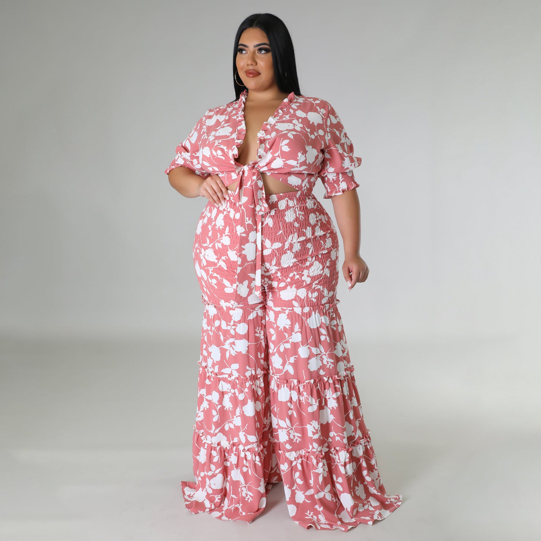 Plus Size Women Strap Printing Two Piece Suit Wide Leg Pants Summer - Wild Amber Fashion