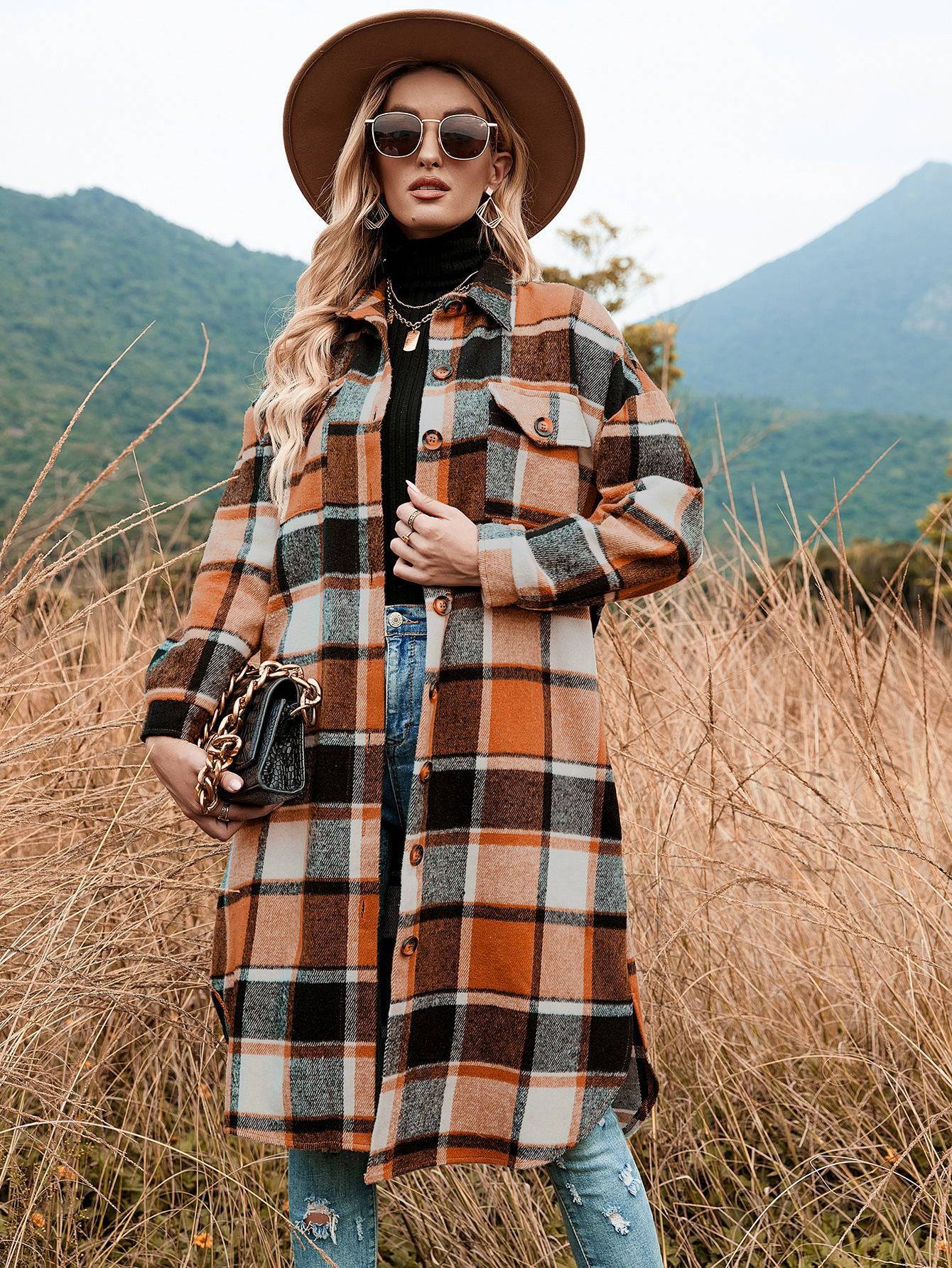 Women's Classic Check Plaid Trench Coat for Autumn and Winter  S Orange 