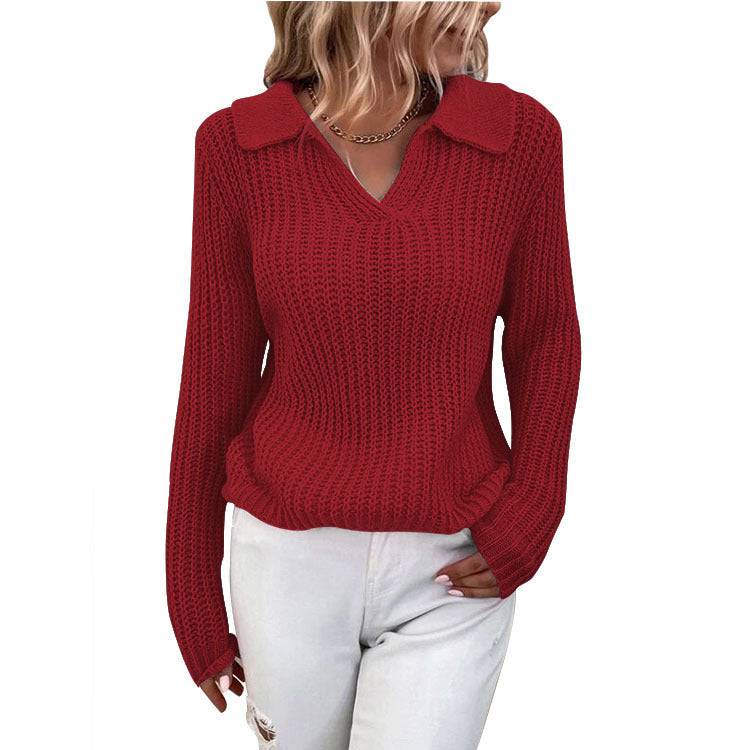 Women's Slim Fit Long Sleeve Polo Collar Knitted Sweater for Fall/Winter  S Red 